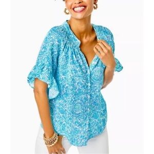 Lilly Pulitzer Tayla Linen Button Down Blouse in Resort White Took Me By Sunrise